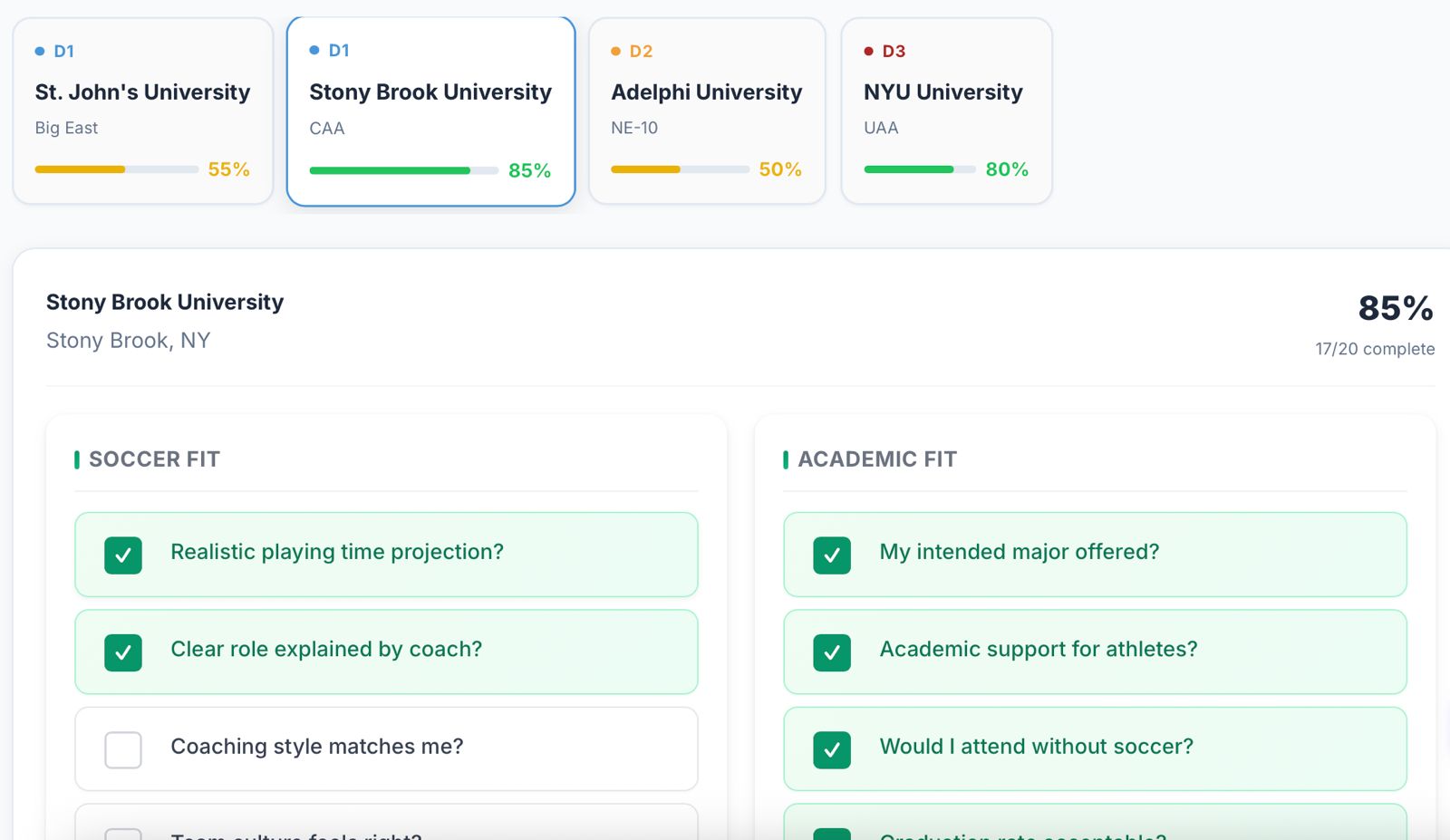 Offer Evaluation Tracker showing school comparison with Soccer Fit and Academic Fit checklists